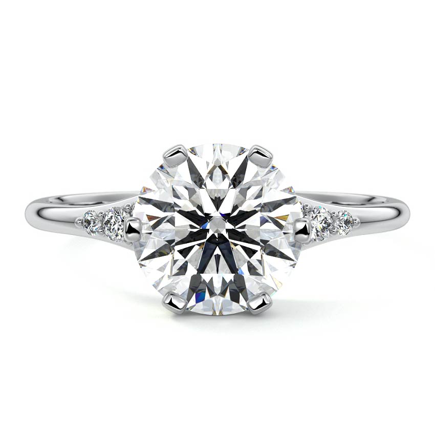 Platinum Round Diamond Engagement Ring with Side Stone Accents and Prong Setting
