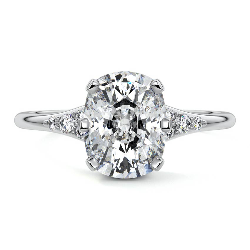 Platinum Cushion Diamond Engagement Ring with Side Stone Accents and Prong Setting