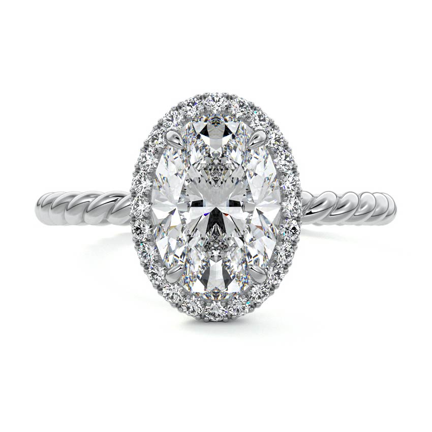 Silver Oval Diamond Engagement Ring with Halo and Twisted Band