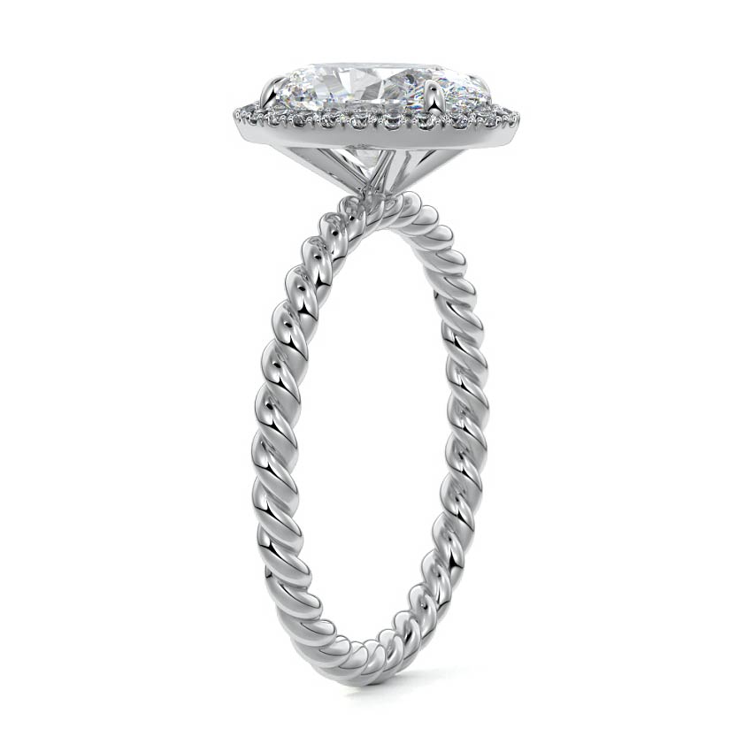 Silver Oval Diamond Engagement Ring with Halo and Twisted Band