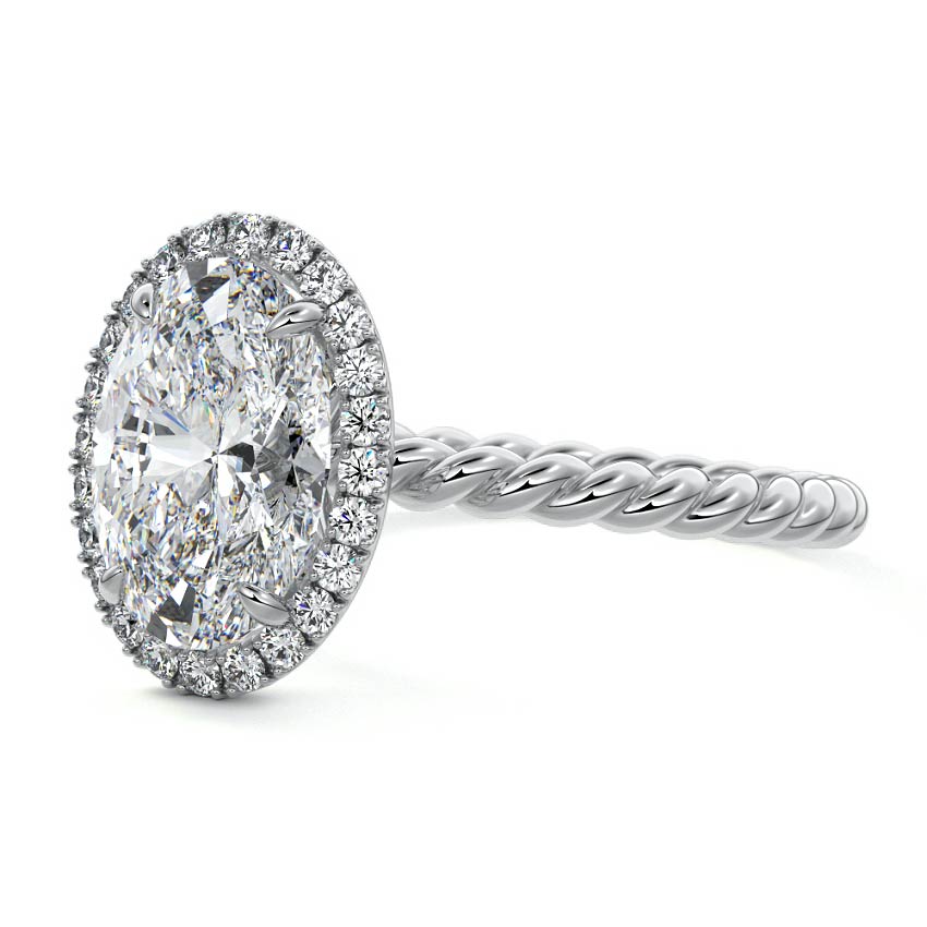 Silver Oval Diamond Engagement Ring with Halo and Twisted Band