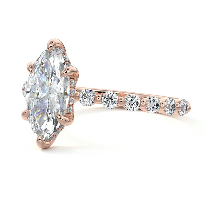 Rose gold Marquise Diamond Hidden Halo Engagement Ring with Side Stones and Prong Setting