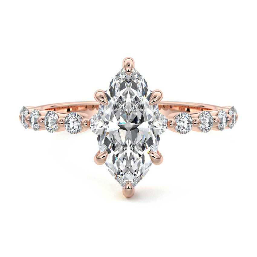 Rose gold Marquise Diamond Hidden Halo Engagement Ring with Side Stones and Prong Setting
