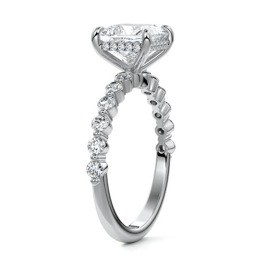Silver Princess Diamond Hidden Halo Engagement Ring with Side Stones and Prong Setting