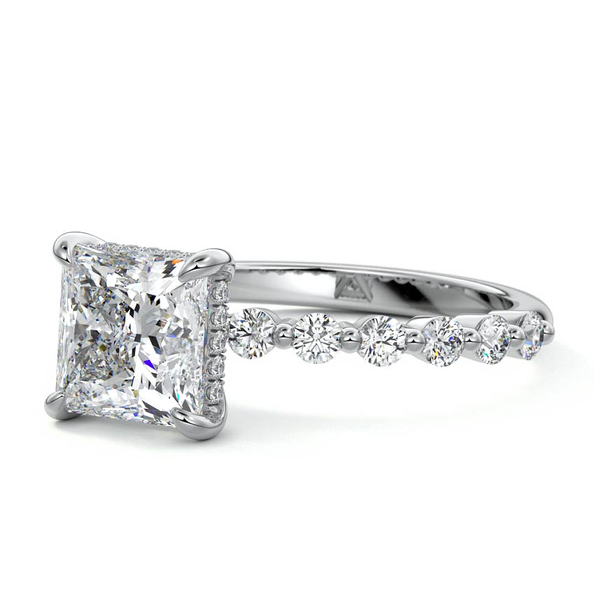 Silver Princess Diamond Hidden Halo Engagement Ring with Side Stones and Prong Setting