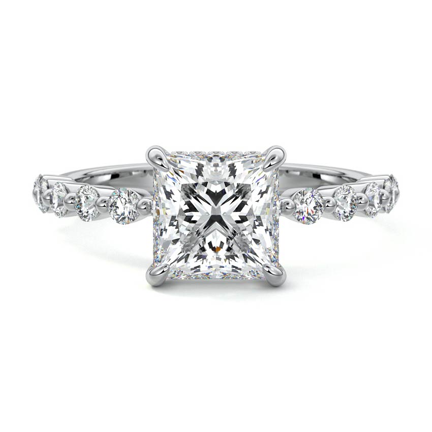Silver Princess Diamond Hidden Halo Engagement Ring with Side Stones and Prong Setting