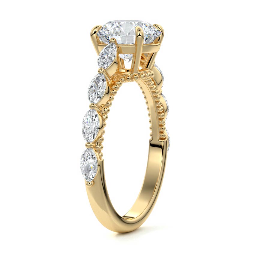 Yellow gold Round Diamond Engagement Ring with Marquise Side Stones and Prong Setting