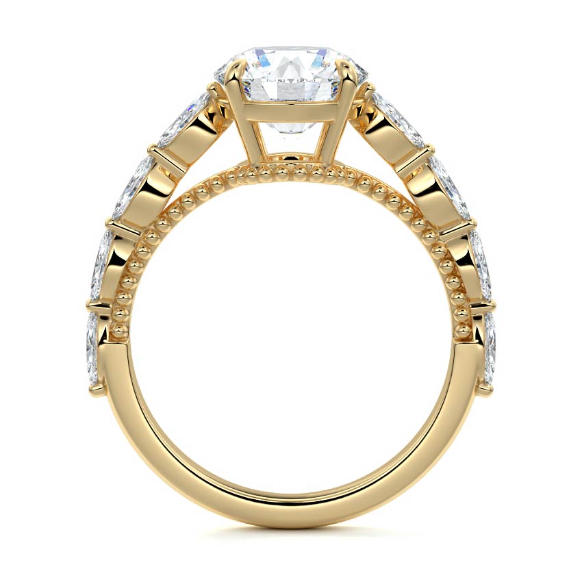 Yellow gold Round Diamond Engagement Ring with Marquise Side Stones and Prong Setting