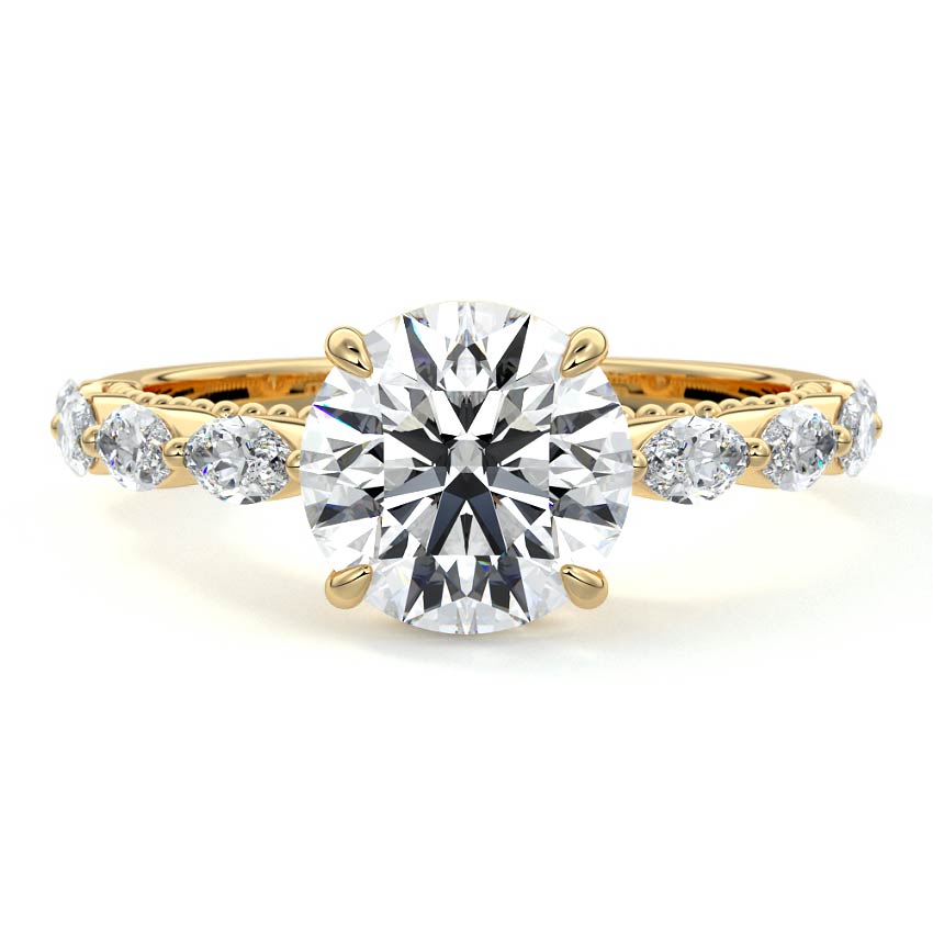 Yellow gold Round Diamond Engagement Ring with Marquise Side Stones and Prong Setting