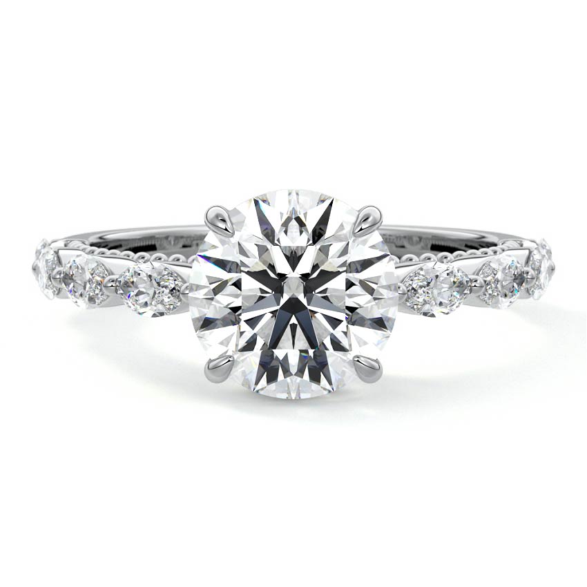 White gold Round Diamond Engagement Ring with Marquise Side Stones and Prong Setting