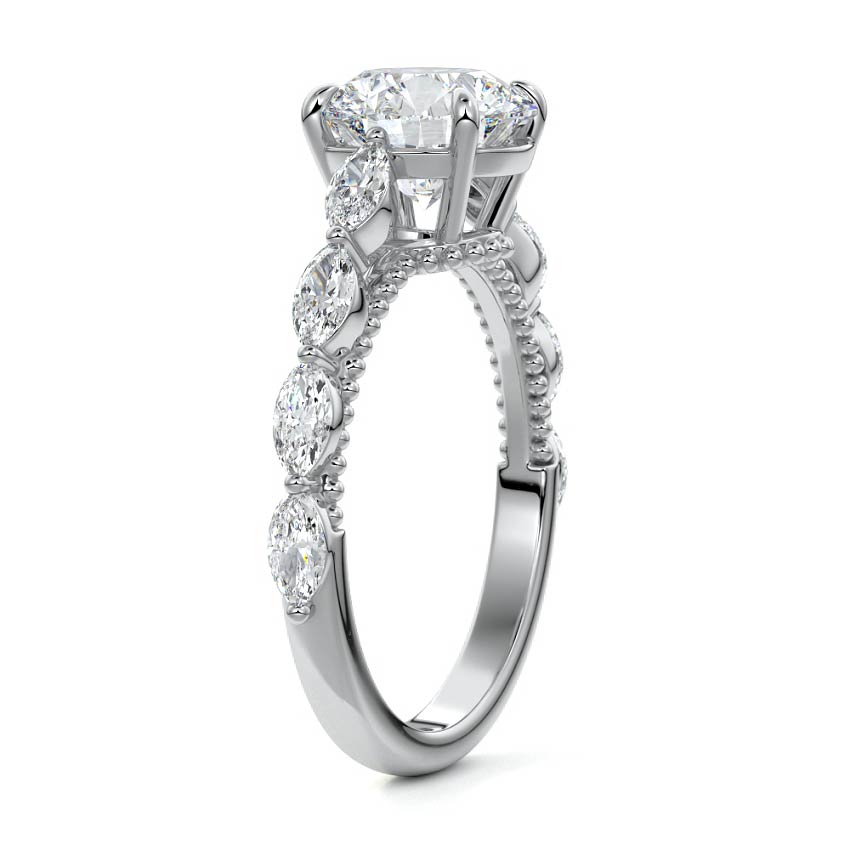 White gold Round Diamond Engagement Ring with Marquise Side Stones and Prong Setting