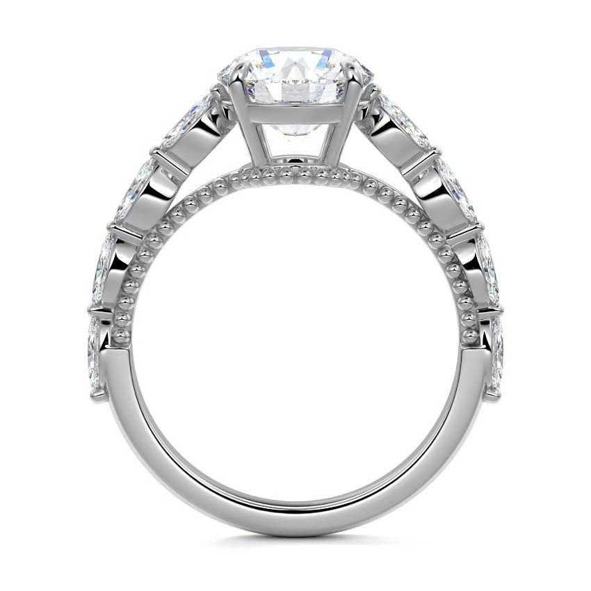 White gold Round Diamond Engagement Ring with Marquise Side Stones and Prong Setting