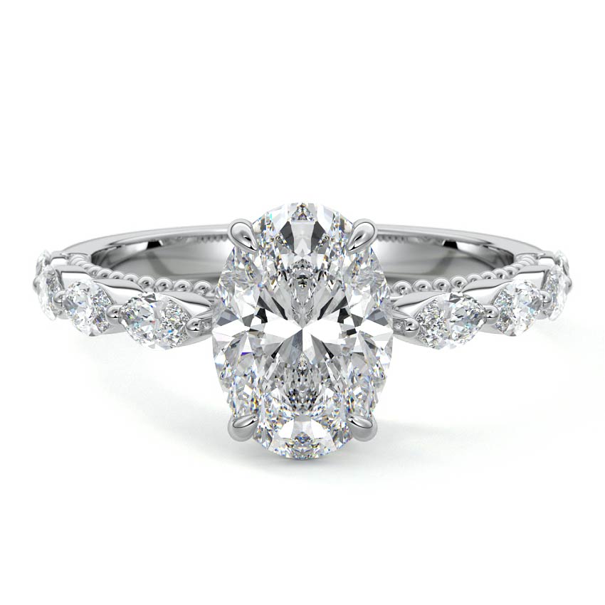 White gold Oval Diamond Engagement Ring with Marquise Side Stones and Prong Setting