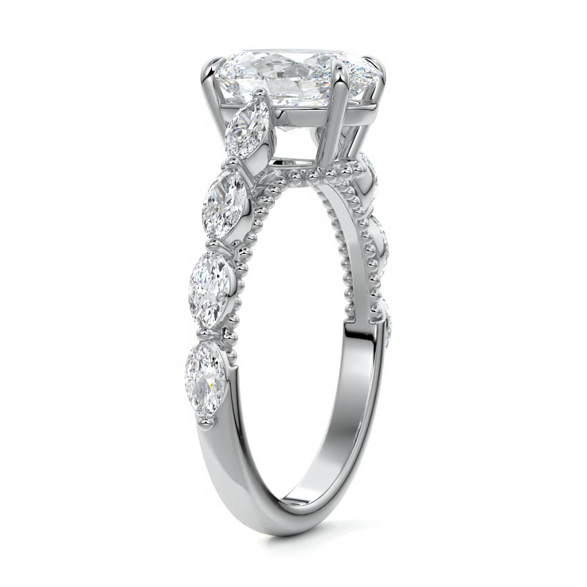 White gold Oval Diamond Engagement Ring with Marquise Side Stones and Prong Setting