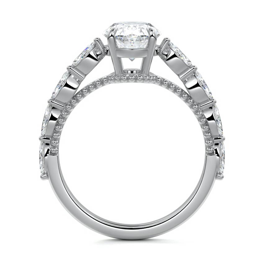 Platinum Oval Diamond Engagement Ring with Marquise Side Stones and Prong Setting