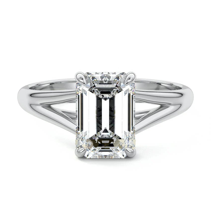 Silver Emerald Diamond Cathedral Solitaire Engagement Ring 