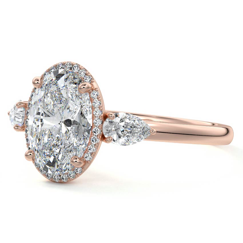 Rose gold Oval Diamond Halo Three-Stone Engagement Ring