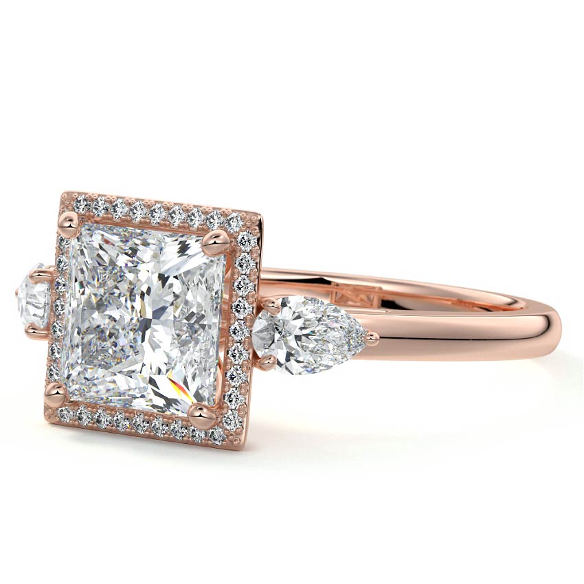 Rose gold Princess Diamond Halo Three-Stone Engagement Ring