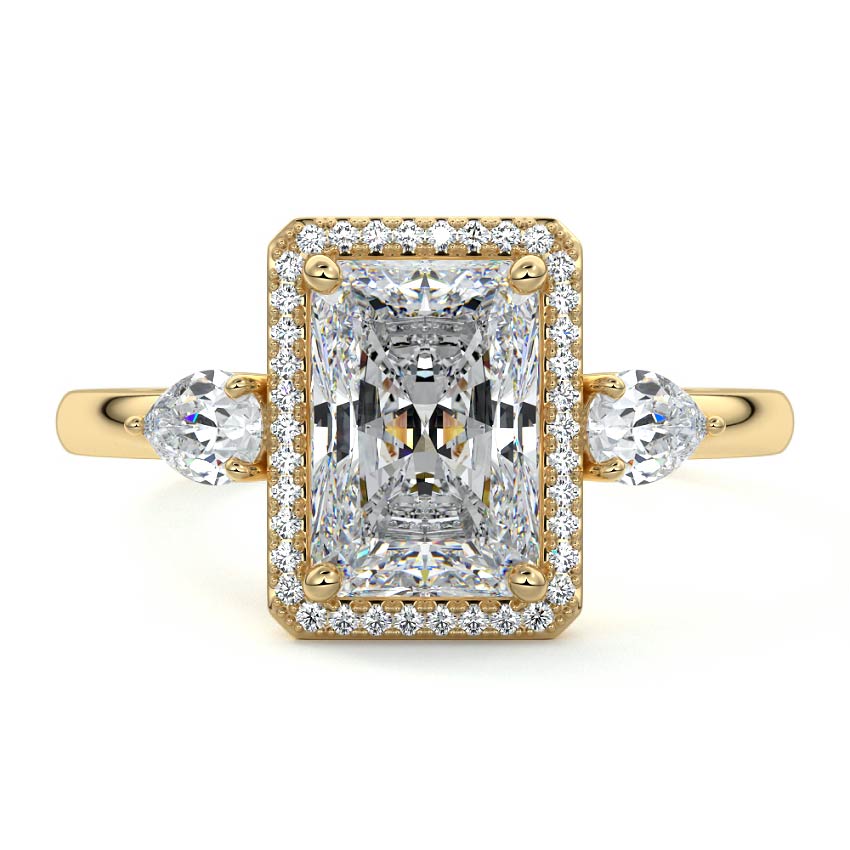 Yellow gold Radiant Diamond Halo Three-Stone Engagement Ring