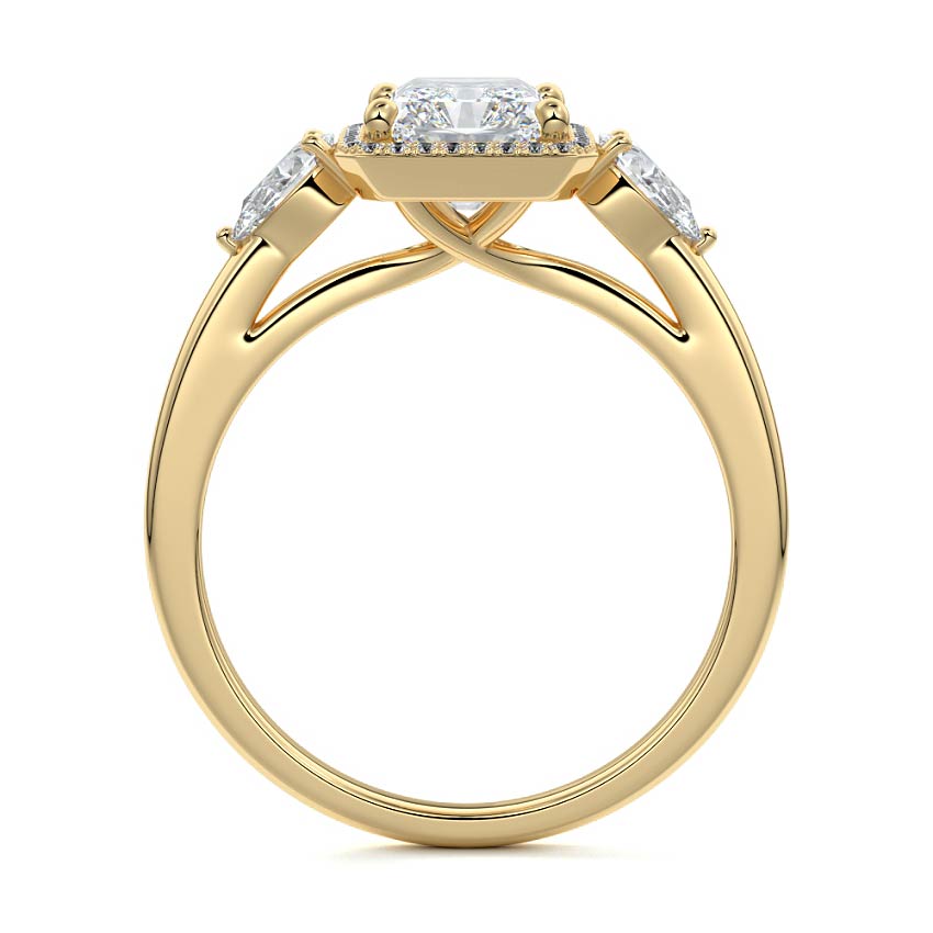Yellow gold Radiant Diamond Halo Three-Stone Engagement Ring