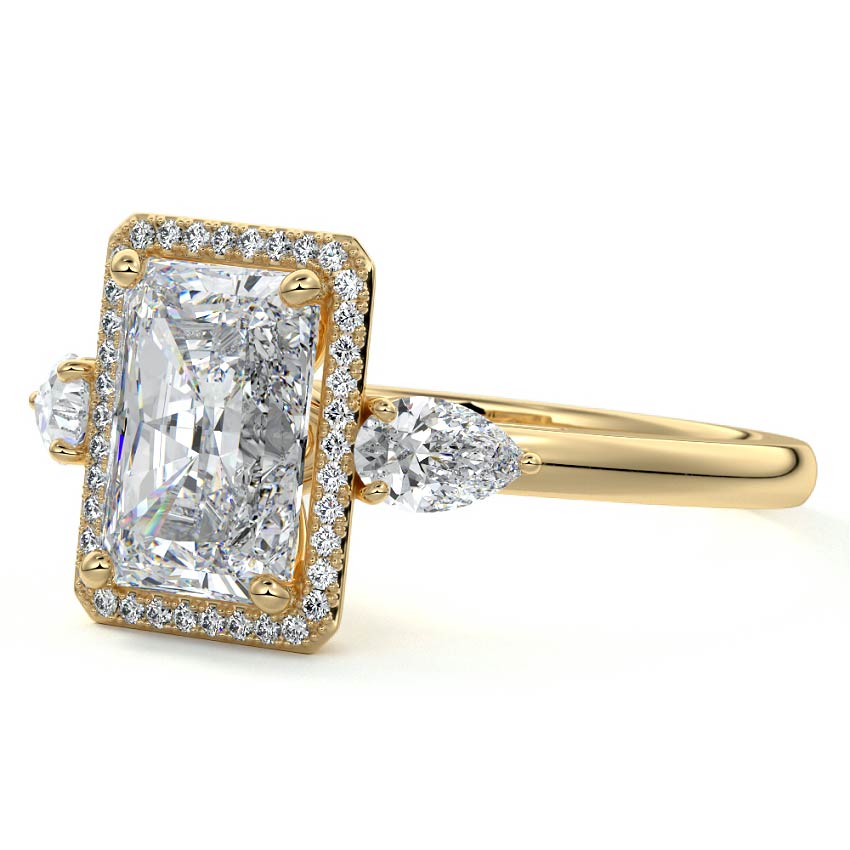 Yellow gold Radiant Diamond Halo Three-Stone Engagement Ring
