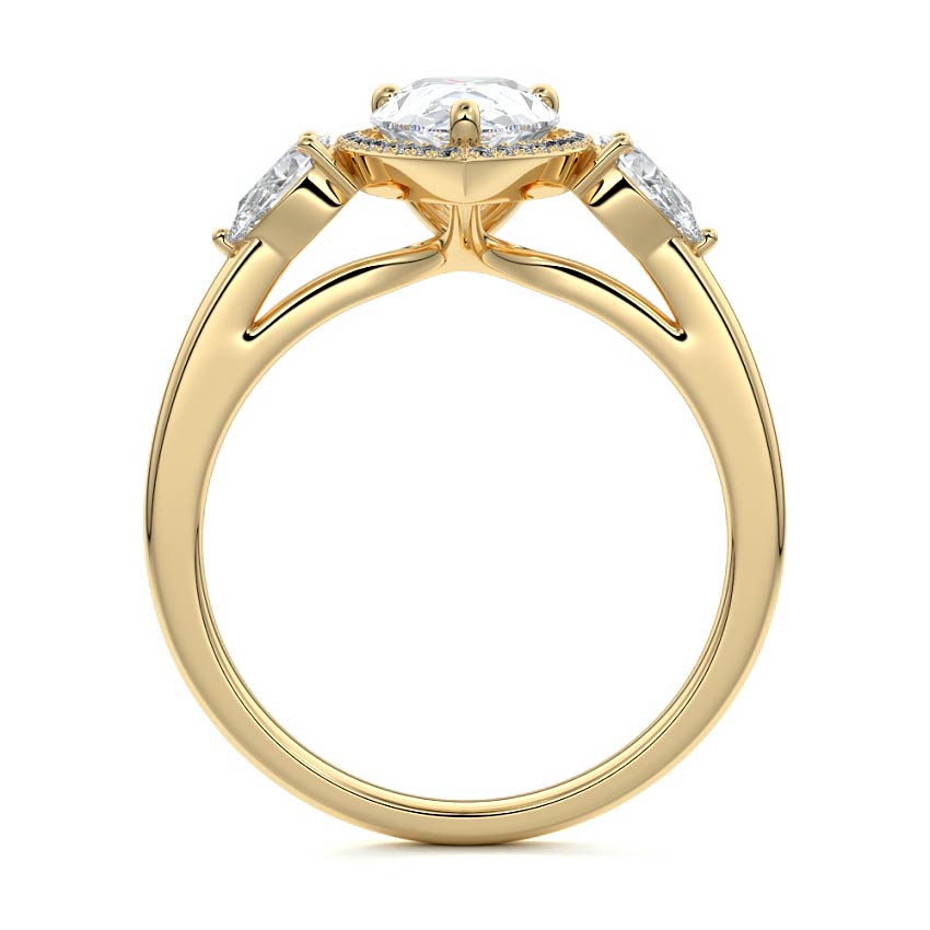 Yellow gold Pear Diamond Halo Three-Stone Engagement Ring