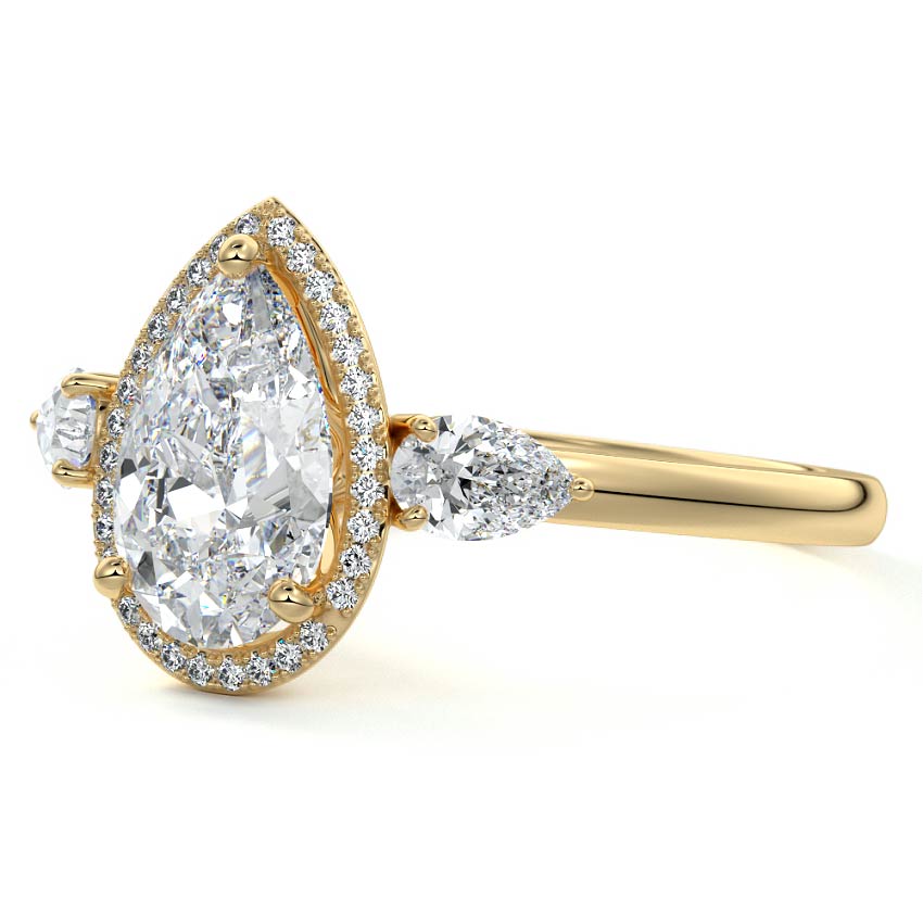 Yellow gold Pear Diamond Halo Three-Stone Engagement Ring