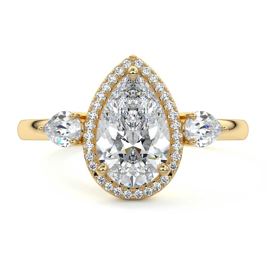 Yellow gold Pear Diamond Halo Three-Stone Engagement Ring