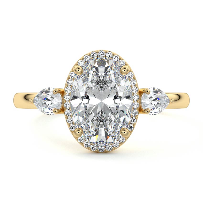 Yellow gold Oval Diamond Halo Three-Stone Engagement Ring