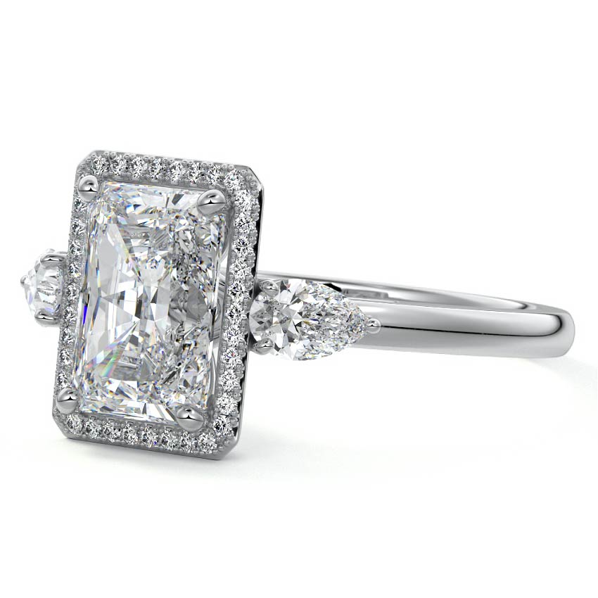 Platinum Radiant Diamond Halo Three-Stone Engagement Ring