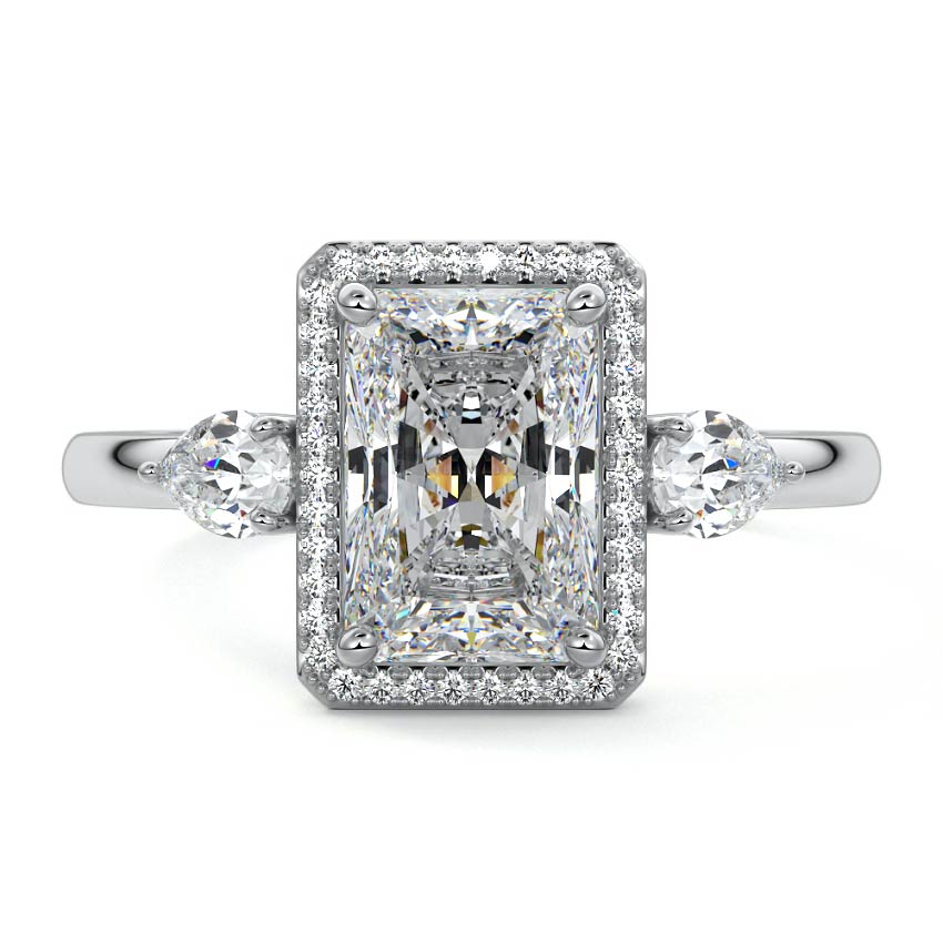 Platinum Radiant Diamond Halo Three-Stone Engagement Ring