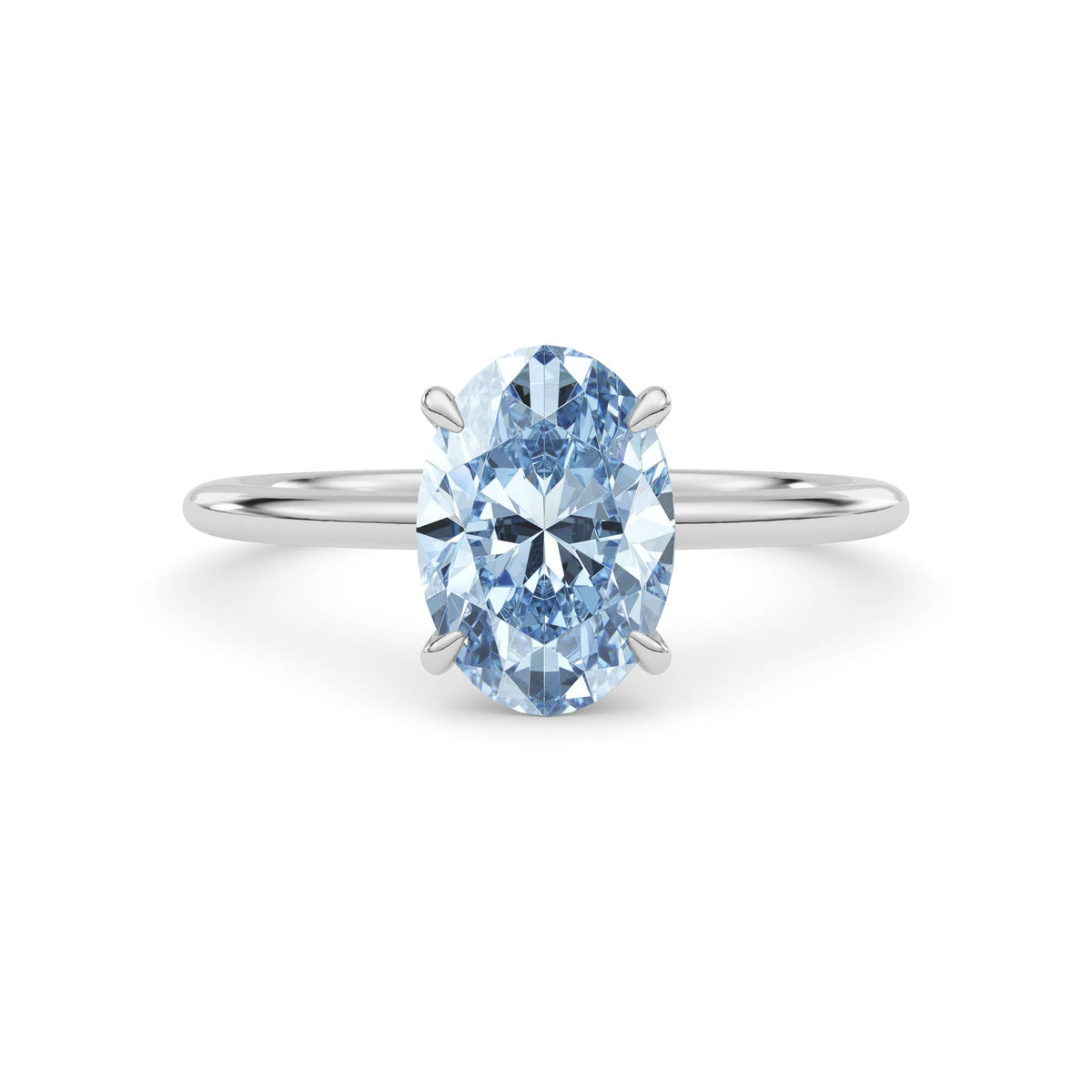Silver Fancy Blue Oval Cut Diamond Classic Solitaire Engagement Ring