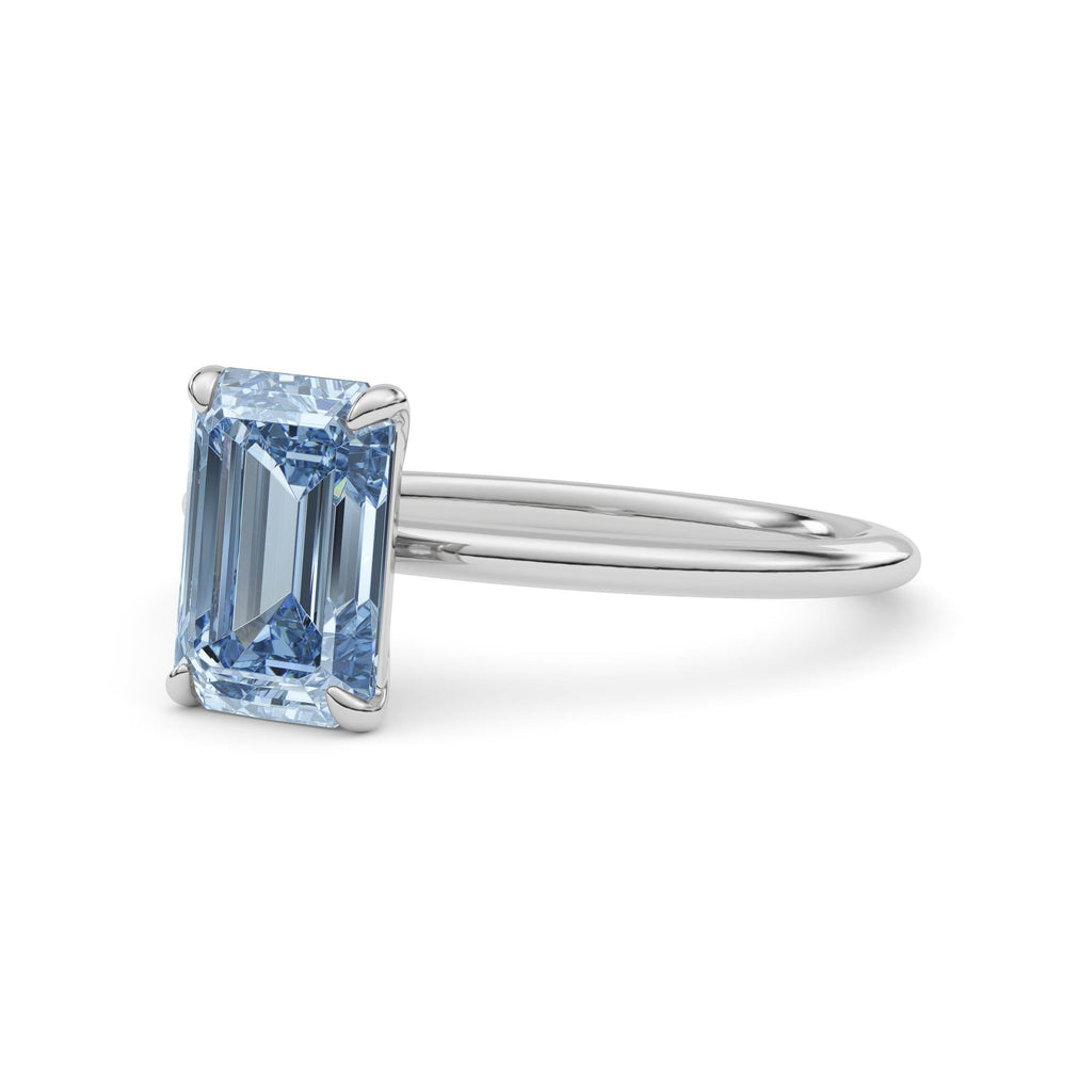 Silver Fancy Blue Emerald Cut Diamond Classic Solitaire Engagement Ring