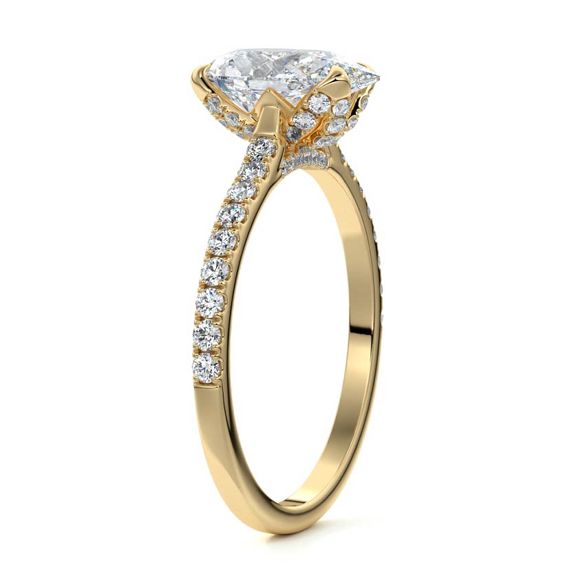 Yellow gold Pear Diamond Engagement Ring with Pavé Band and Hidden Halo