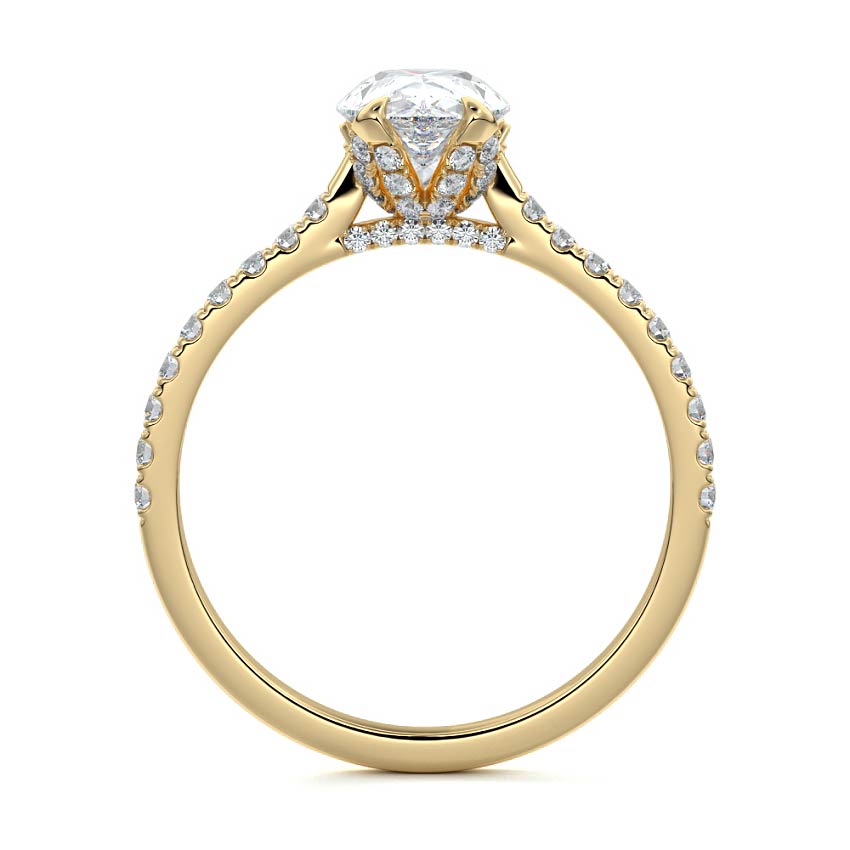 Yellow gold Pear Diamond Engagement Ring with Pavé Band and Hidden Halo