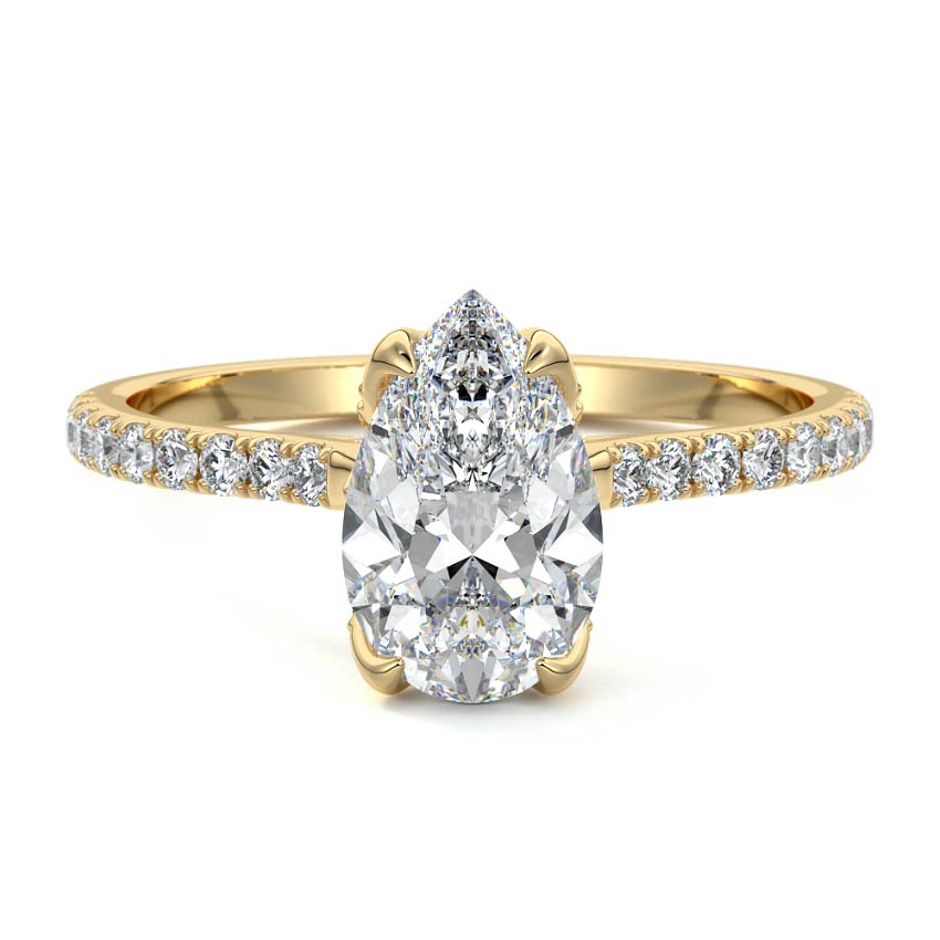 Yellow gold Pear Diamond Engagement Ring with Pavé Band and Hidden Halo