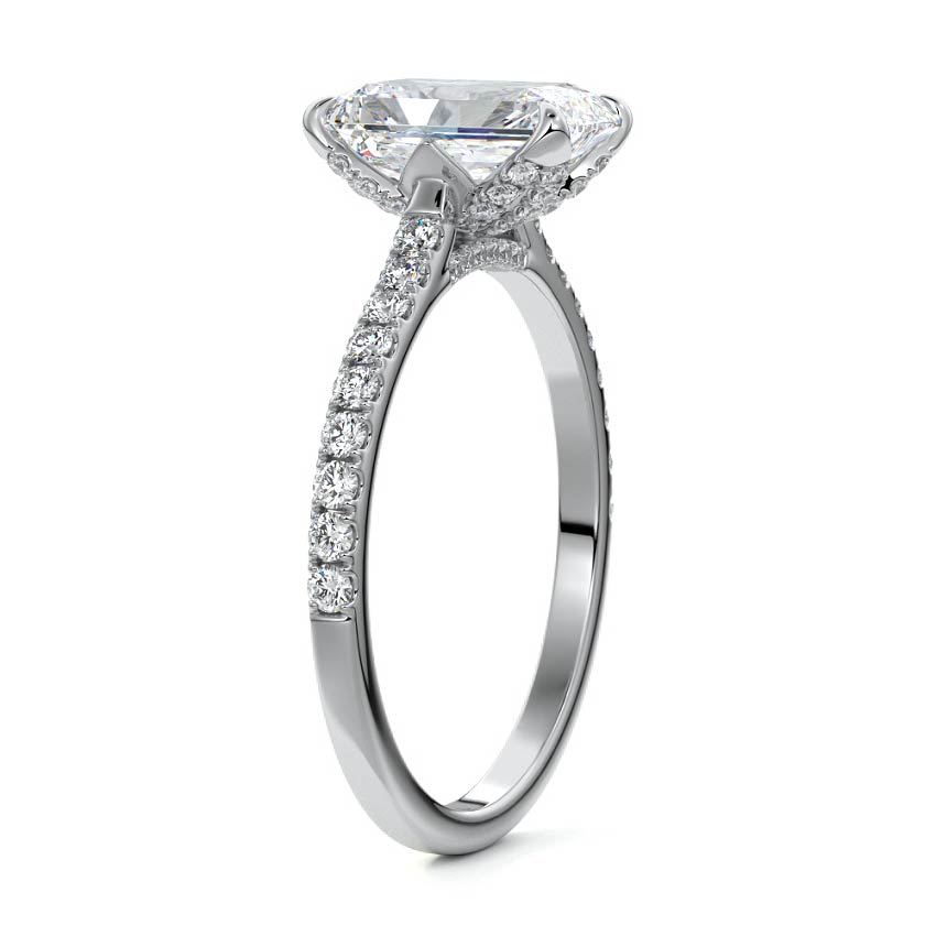 White gold Radiant Diamond Engagement Ring with Pavé Band and Hidden Halo