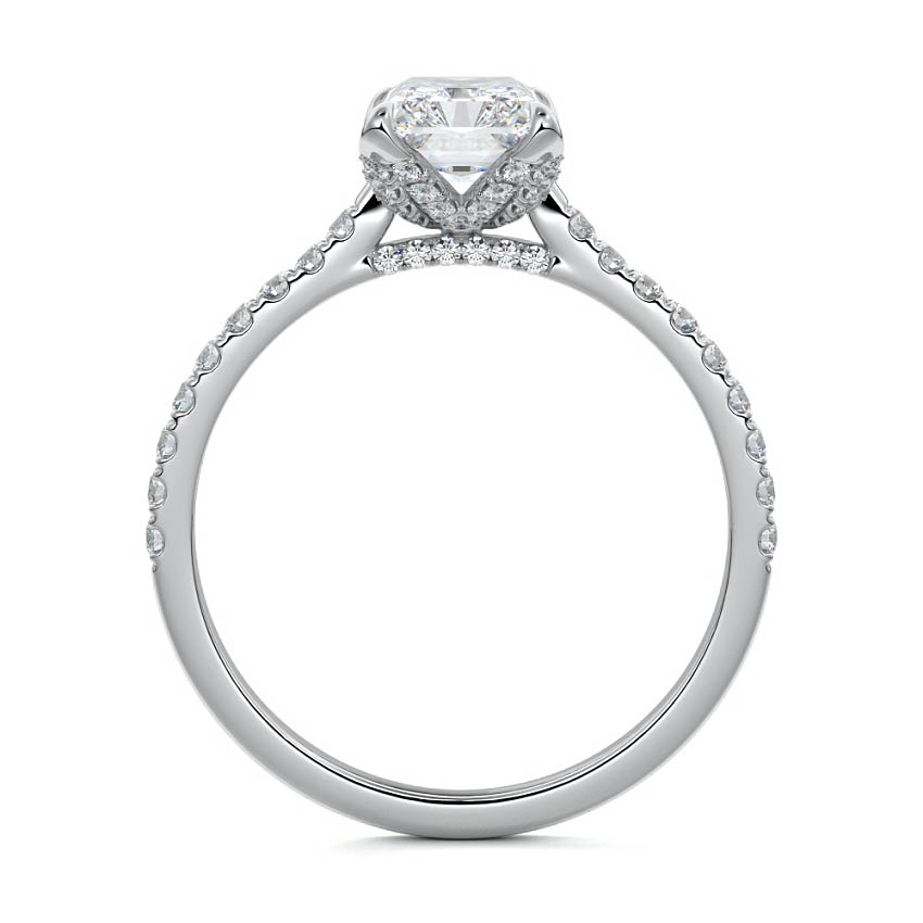 White gold Radiant Diamond Engagement Ring with Pavé Band and Hidden Halo