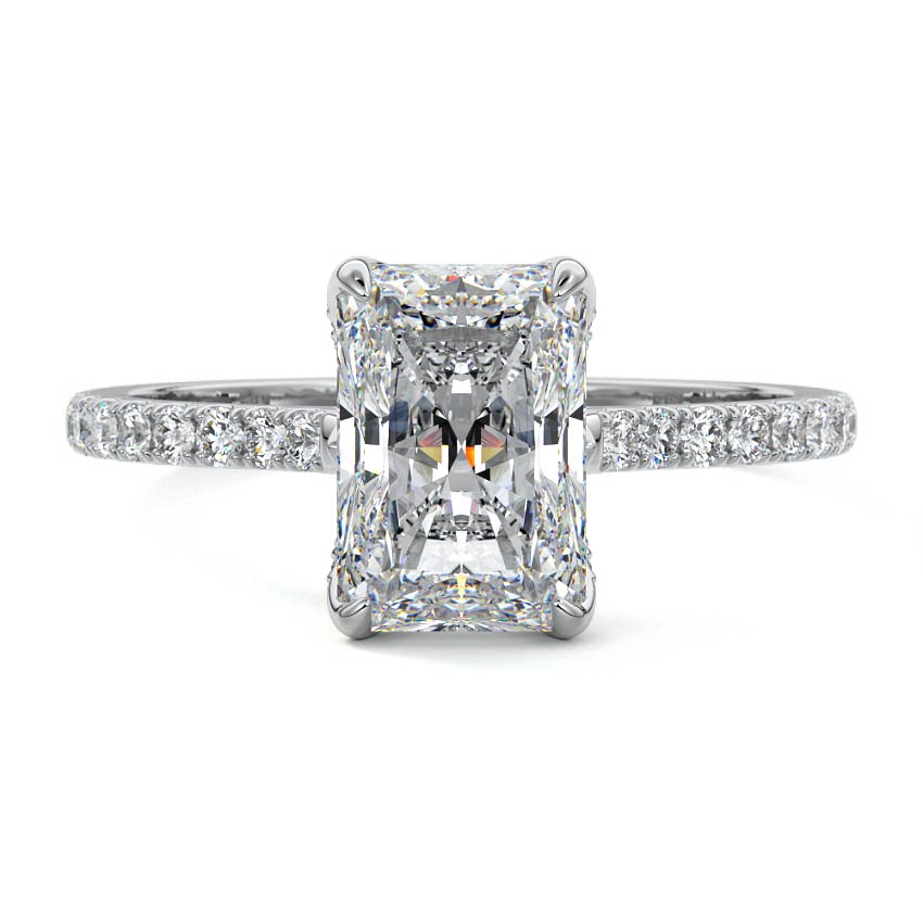 White gold Radiant Diamond Engagement Ring with Pavé Band and Hidden Halo
