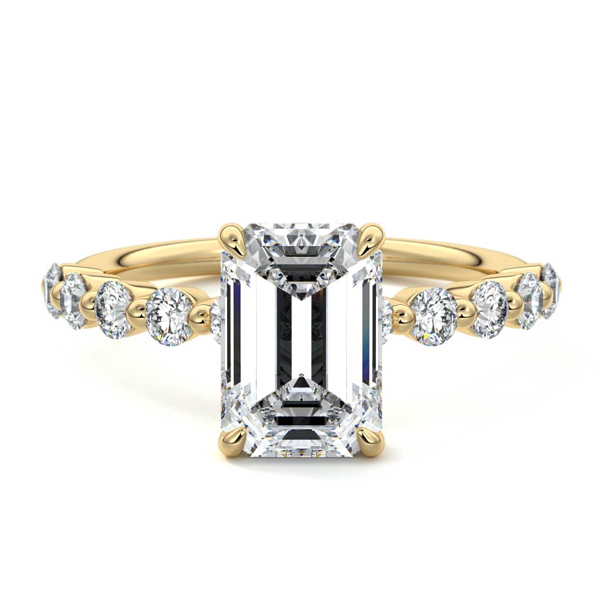 Yellow gold Emerald Diamond Engagement Ring with Round Side Stones and Prong Setting