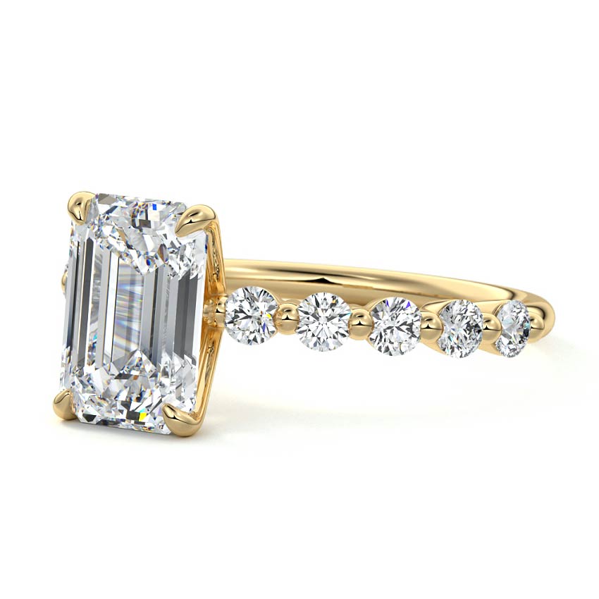 Yellow gold Emerald Diamond Engagement Ring with Round Side Stones and Prong Setting