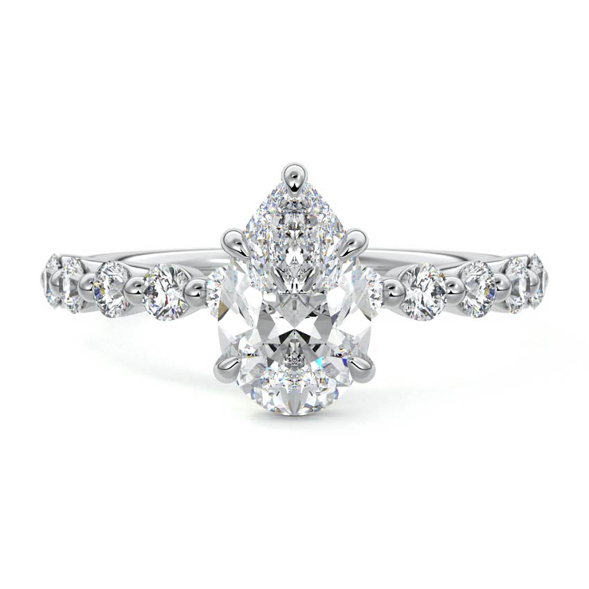 Silver Pear Diamond Engagement Ring with Round Side Stones and Prong Setting