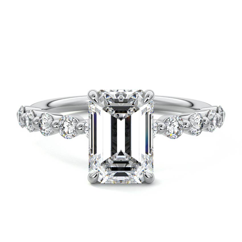 Silver Emerald Diamond Engagement Ring with Round Side Stones and Prong Setting