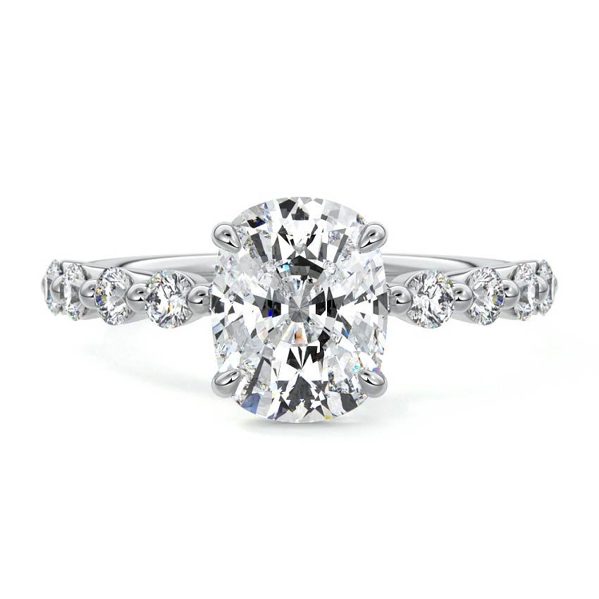 Platinum Cushion Diamond Engagement Ring with Round Side Stones and Prong Setting