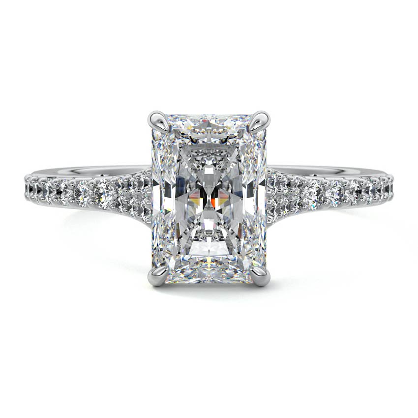 White gold Radiant Solitaire Diamond Engagement Ring with Tapered Pave Band