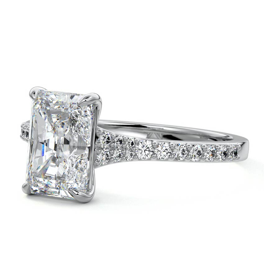 White gold Radiant Solitaire Diamond Engagement Ring with Tapered Pave Band
