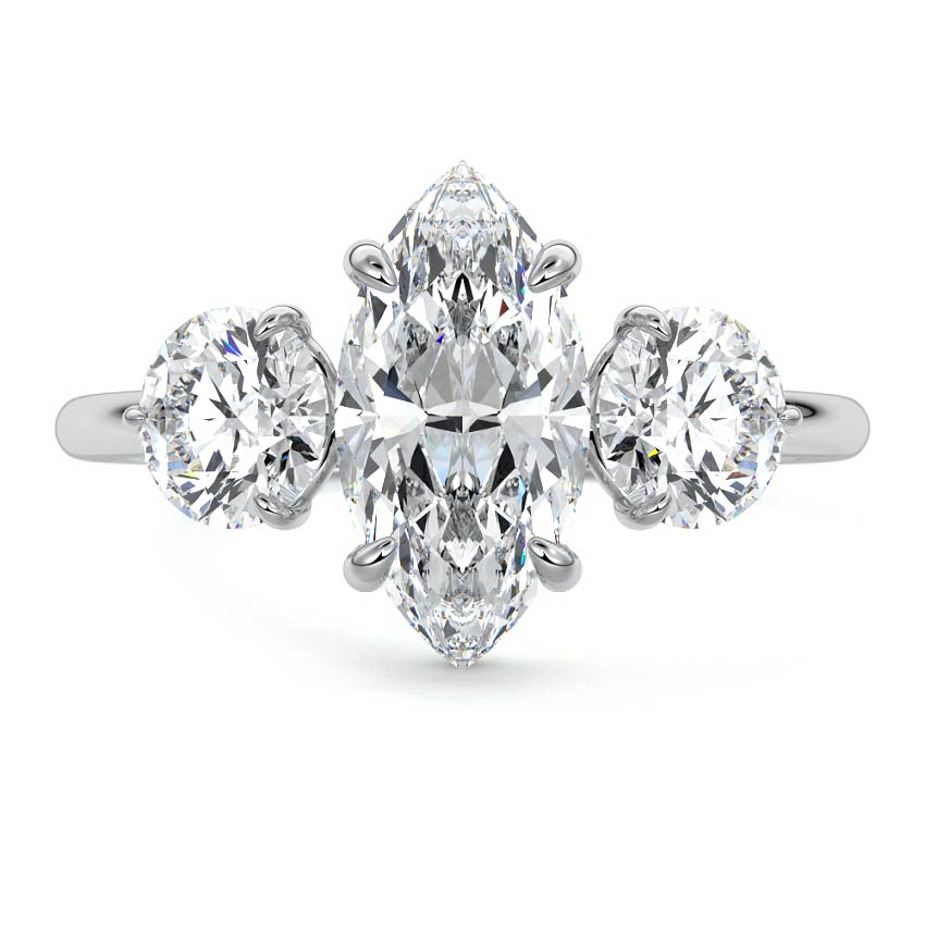 White gold Three-Stone Marquise Diamond Ring with Round Side Stones