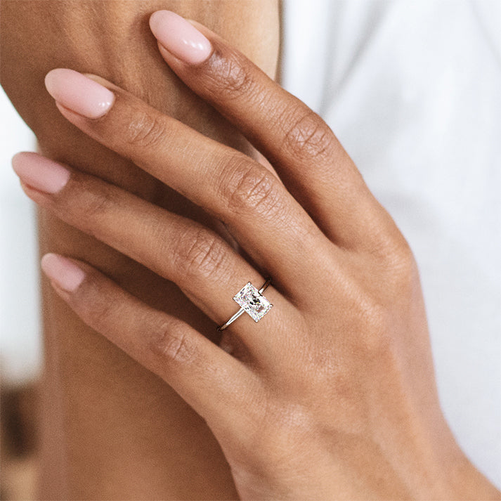 White gold Radiant Diamond Solitaire Engagement Ring with Hidden Halo Accent
