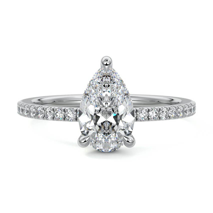 White gold Pear Diamond Ring with Pavé Band and Hidden Halo
