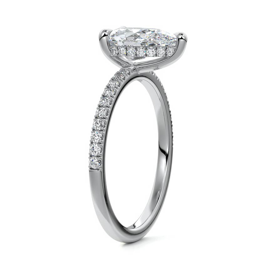 White gold Pear Diamond Ring with Pavé Band and Hidden Halo